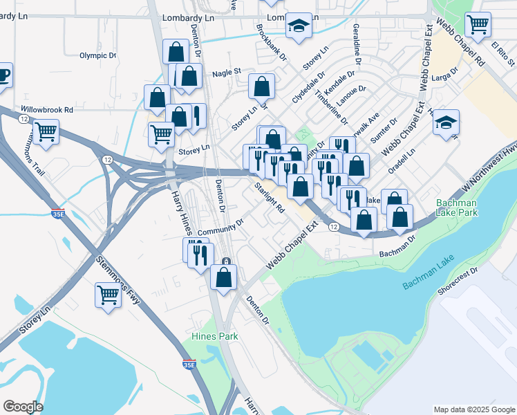 map of restaurants, bars, coffee shops, grocery stores, and more near 2530 Community Drive in Dallas