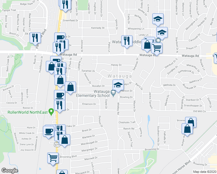 map of restaurants, bars, coffee shops, grocery stores, and more near 5820 Rosalyn Drive in Watauga