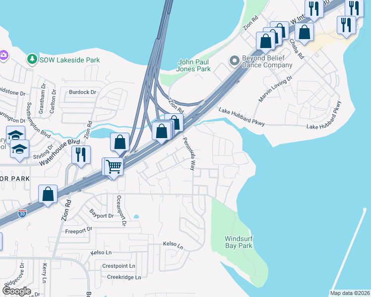 map of restaurants, bars, coffee shops, grocery stores, and more near 5001 Peninsula Way in Garland