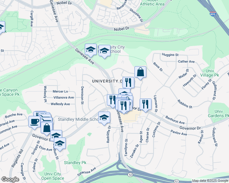 map of restaurants, bars, coffee shops, grocery stores, and more near 5200 Genesee Cove in San Diego