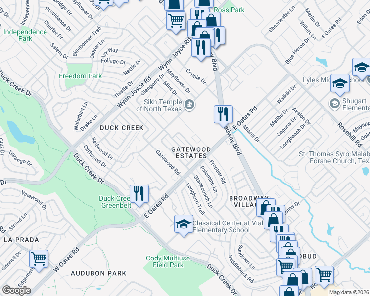 map of restaurants, bars, coffee shops, grocery stores, and more near 4829 Grovewood Drive in Garland