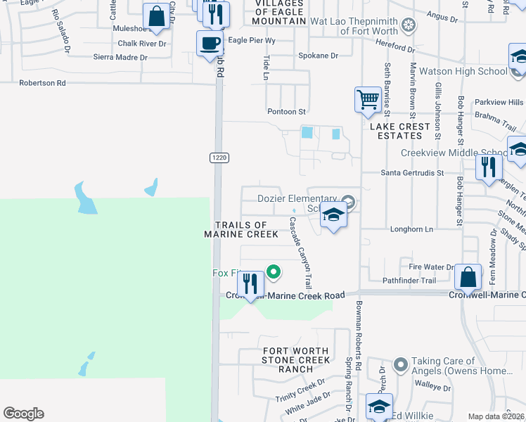 map of restaurants, bars, coffee shops, grocery stores, and more near 6340 Redeagle Creek Drive in Fort Worth
