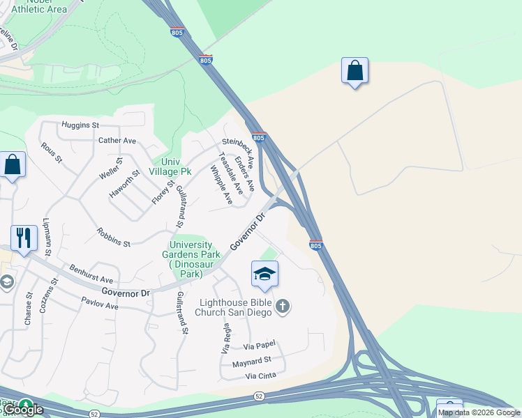 map of restaurants, bars, coffee shops, grocery stores, and more near 5188 Governor Drive in San Diego