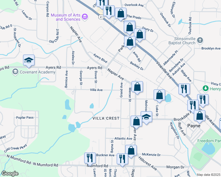map of restaurants, bars, coffee shops, grocery stores, and more near 4035 Villa Avenue in Macon