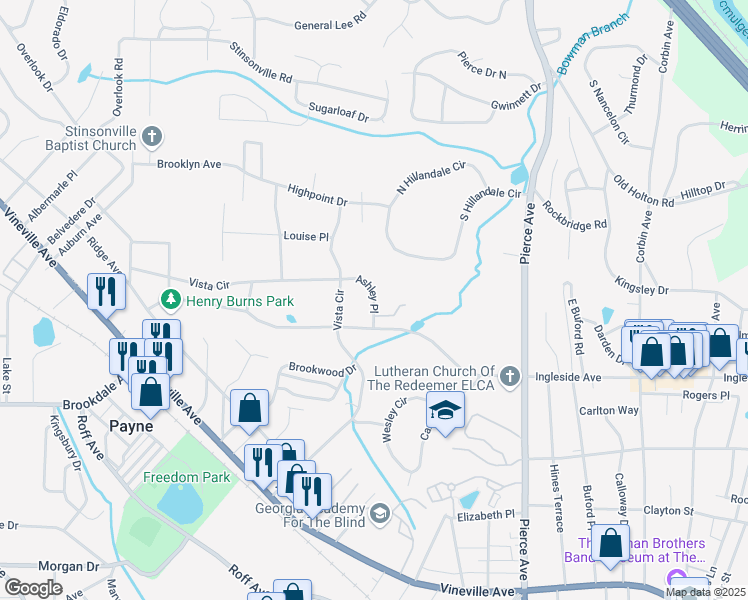map of restaurants, bars, coffee shops, grocery stores, and more near 432 Ashley Place in Macon