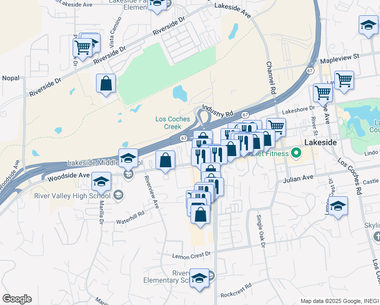 map of restaurants, bars, coffee shops, grocery stores, and more near 12030 Woodside Avenue in Lakeside