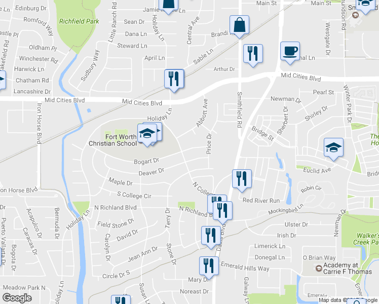 map of restaurants, bars, coffee shops, grocery stores, and more near 7704 Bogart Drive in Fort Worth