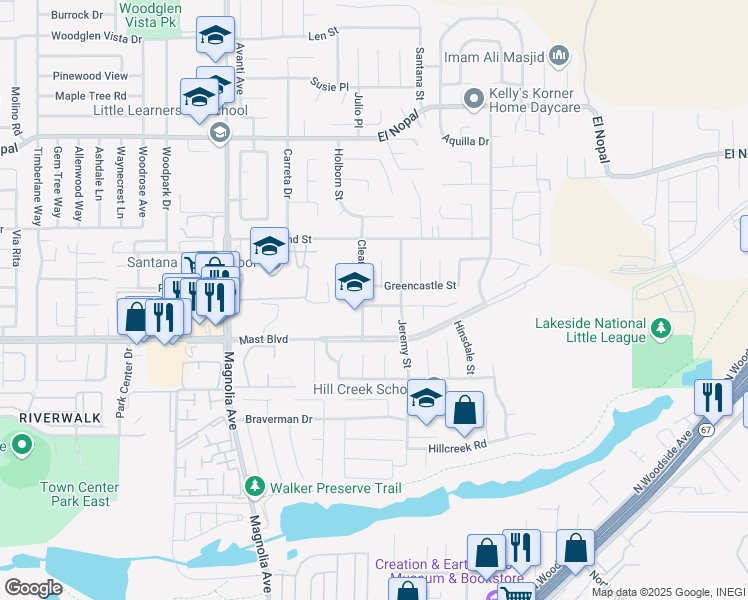 map of restaurants, bars, coffee shops, grocery stores, and more near 10730 Grand Fork Drive in Santee