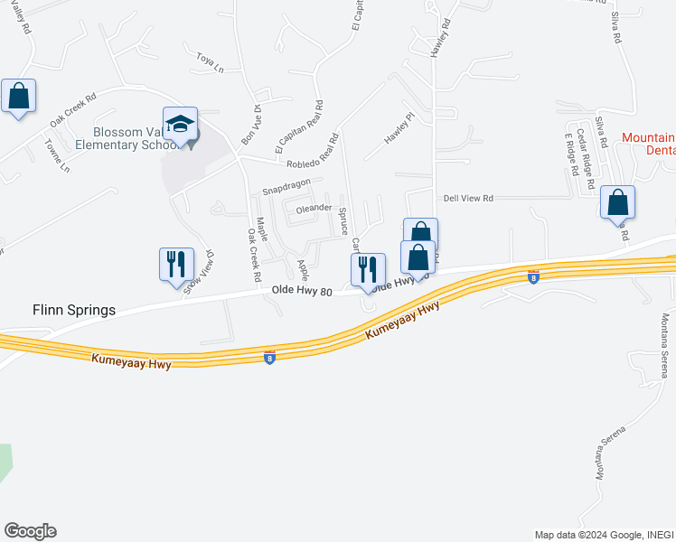 map of restaurants, bars, coffee shops, grocery stores, and more near 15464 Olde Highway 80 in El Cajon