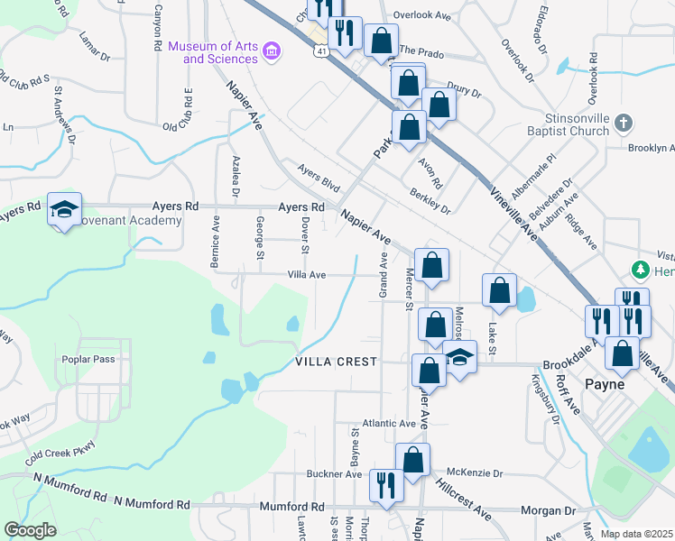map of restaurants, bars, coffee shops, grocery stores, and more near 4049 Villa Avenue in Macon