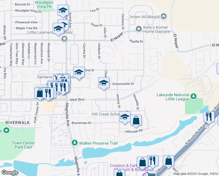 map of restaurants, bars, coffee shops, grocery stores, and more near 10730 Grand Fork Drive in Santee