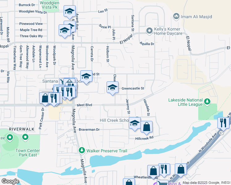 map of restaurants, bars, coffee shops, grocery stores, and more near 9832 Bend Street in Santee