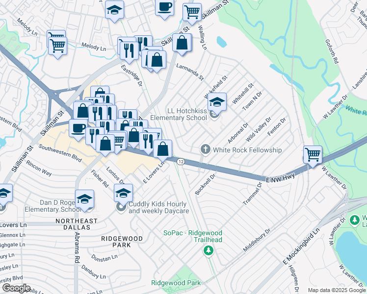 map of restaurants, bars, coffee shops, grocery stores, and more near 6554 Kingsbury Drive in Dallas