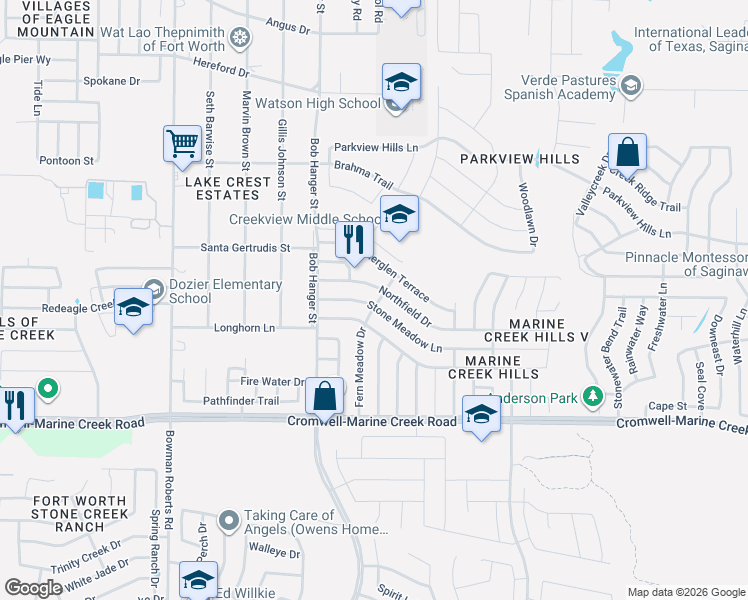 map of restaurants, bars, coffee shops, grocery stores, and more near 5733 Stone Meadow Lane in Fort Worth