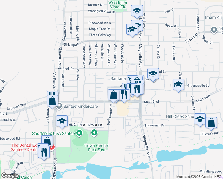 map of restaurants, bars, coffee shops, grocery stores, and more near 100 Caspi Gardens Drive in Santee
