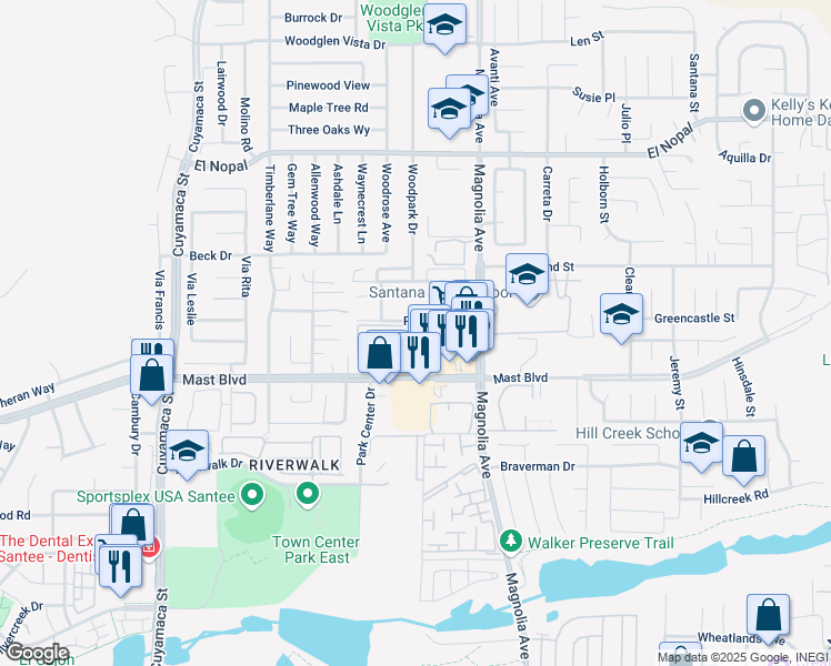 map of restaurants, bars, coffee shops, grocery stores, and more near 9838 North Magnolia Avenue in Santee