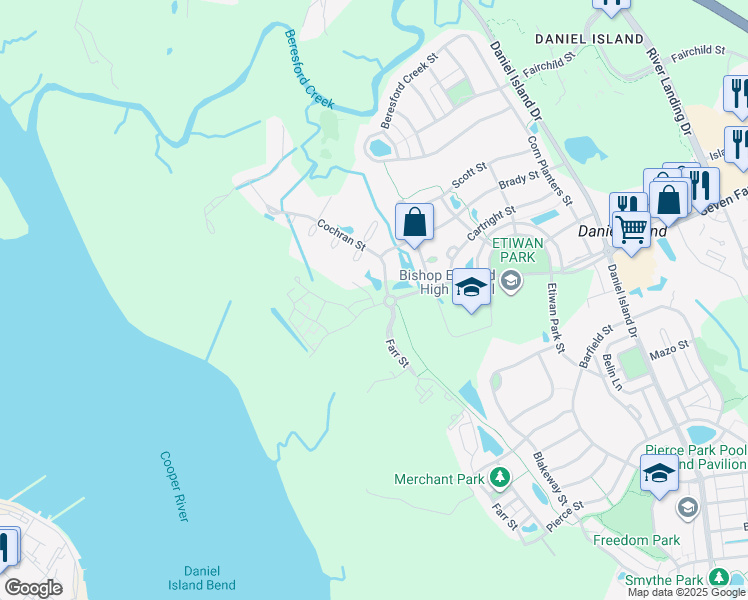 map of restaurants, bars, coffee shops, grocery stores, and more near 1 Seven Farms Drive in Charleston