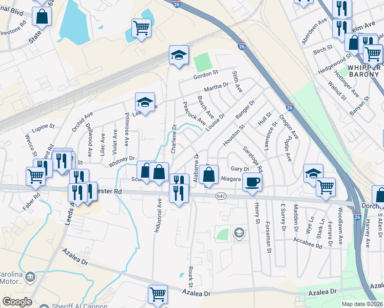 map of restaurants, bars, coffee shops, grocery stores, and more near 2863 Alabama Drive in North Charleston