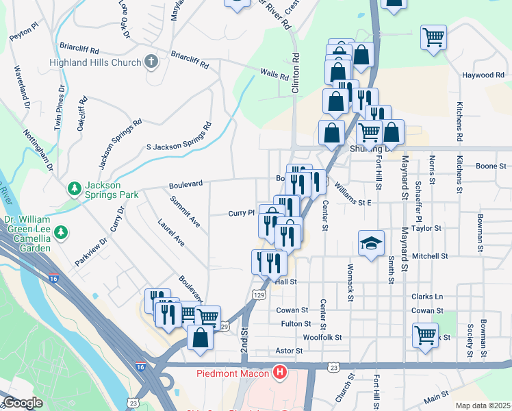 map of restaurants, bars, coffee shops, grocery stores, and more near 993 Curry Place in Macon