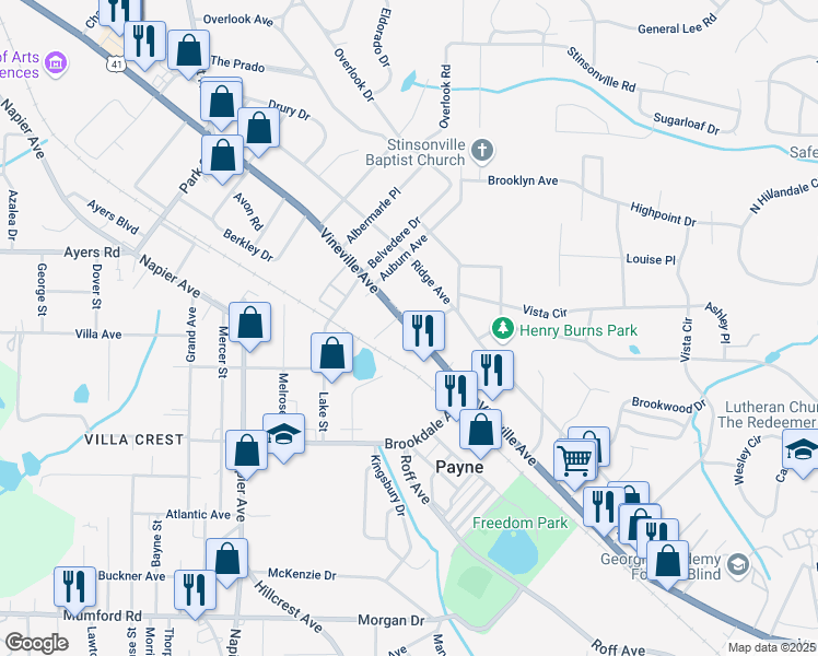 map of restaurants, bars, coffee shops, grocery stores, and more near 3404 Vineville Avenue in Macon