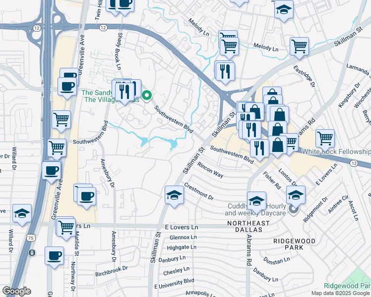 map of restaurants, bars, coffee shops, grocery stores, and more near 8820 Meadow Bend Drive in Dallas