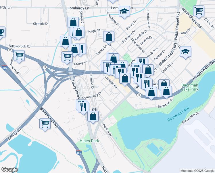 map of restaurants, bars, coffee shops, grocery stores, and more near 2530 Community Drive in Dallas