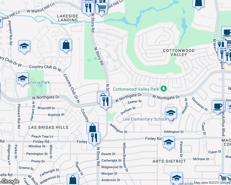 map of restaurants, bars, coffee shops, grocery stores, and more near 2104 West Northgate Drive in Irving