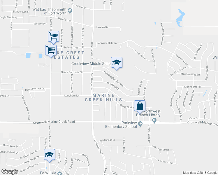 map of restaurants, bars, coffee shops, grocery stores, and more near 5733 Stone Meadow Lane in Fort Worth