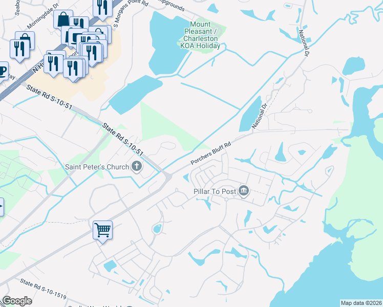 map of restaurants, bars, coffee shops, grocery stores, and more near 1382 Porchers Bluff Road in Mount Pleasant
