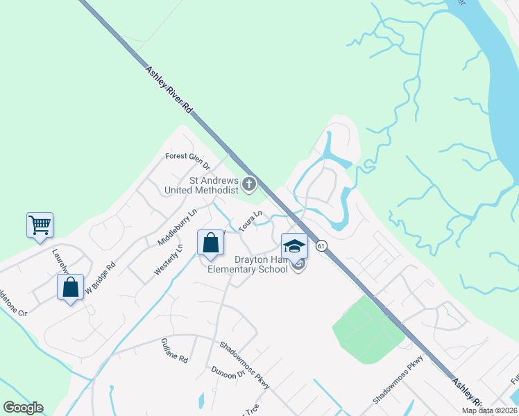 map of restaurants, bars, coffee shops, grocery stores, and more near 111 Toura Lane in Charleston