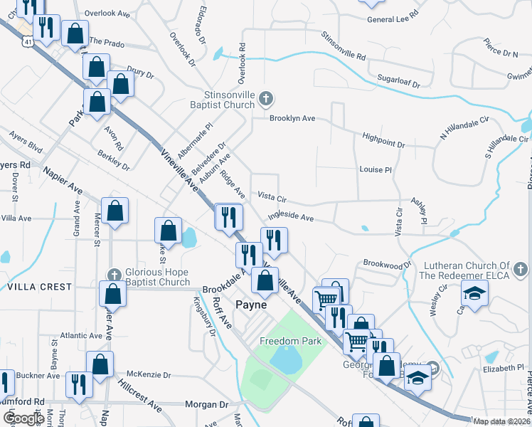 map of restaurants, bars, coffee shops, grocery stores, and more near 3336 Ridge Avenue in Macon