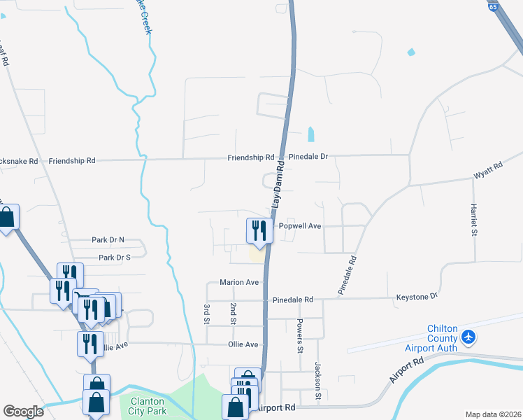 map of restaurants, bars, coffee shops, grocery stores, and more near 107 Health Center Drive in Clanton