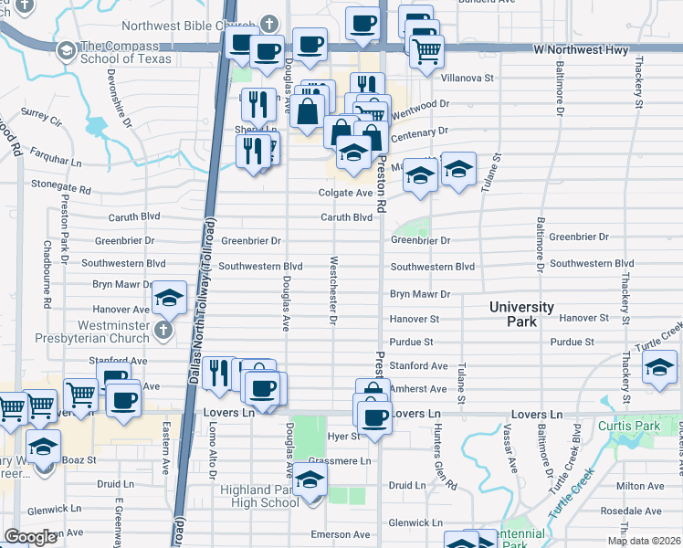 map of restaurants, bars, coffee shops, grocery stores, and more near 4120 Bryn Mawr Drive in Dallas