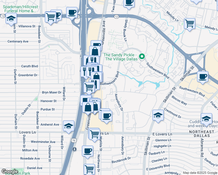 map of restaurants, bars, coffee shops, grocery stores, and more near 5657 Amesbury Drive in Dallas