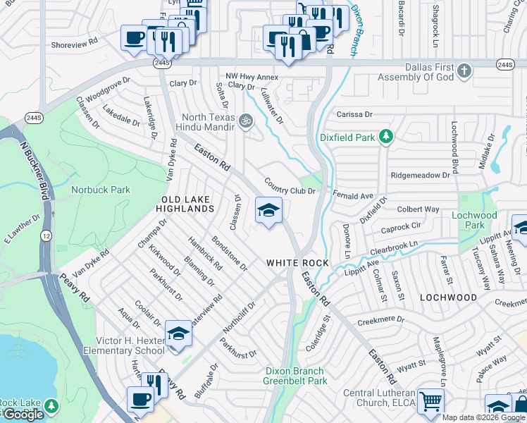 map of restaurants, bars, coffee shops, grocery stores, and more near 505 Easton Road in Dallas