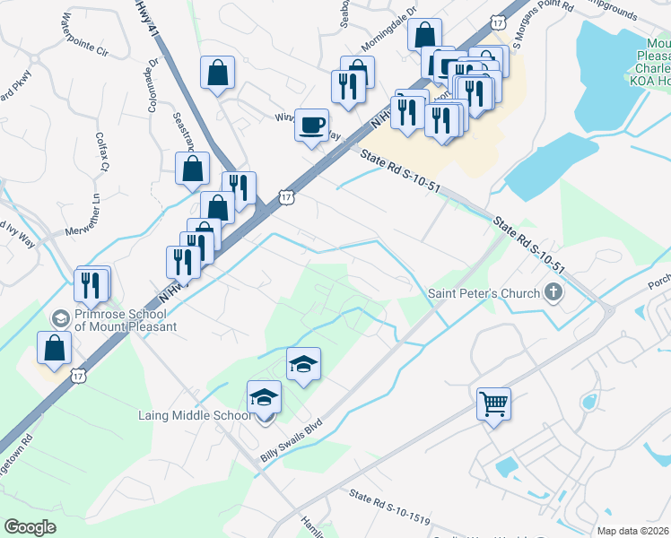 map of restaurants, bars, coffee shops, grocery stores, and more near 1162 Crystal Road in Mount Pleasant