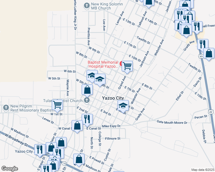 map of restaurants, bars, coffee shops, grocery stores, and more near 512 Calhoun Avenue in Yazoo City