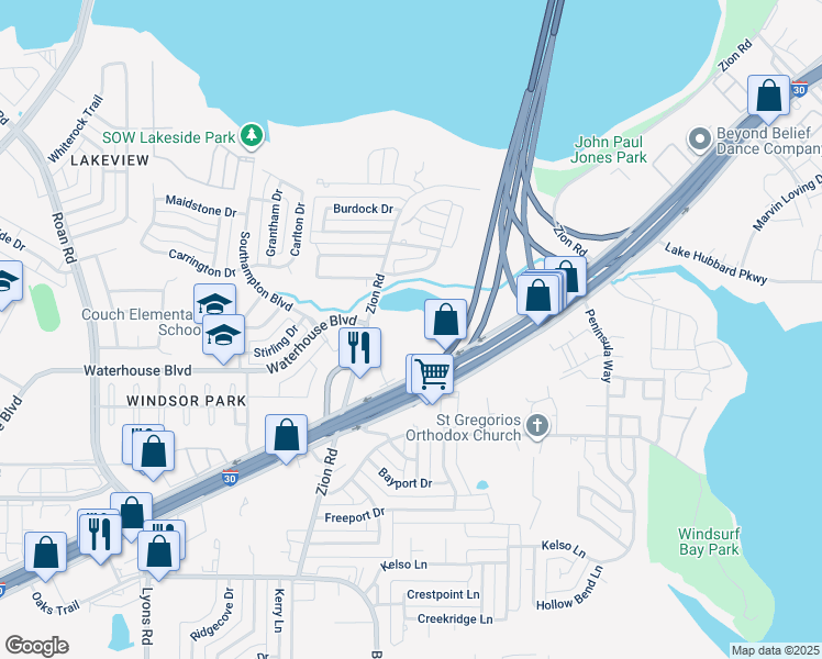 map of restaurants, bars, coffee shops, grocery stores, and more near 5026 Zion Road in Garland