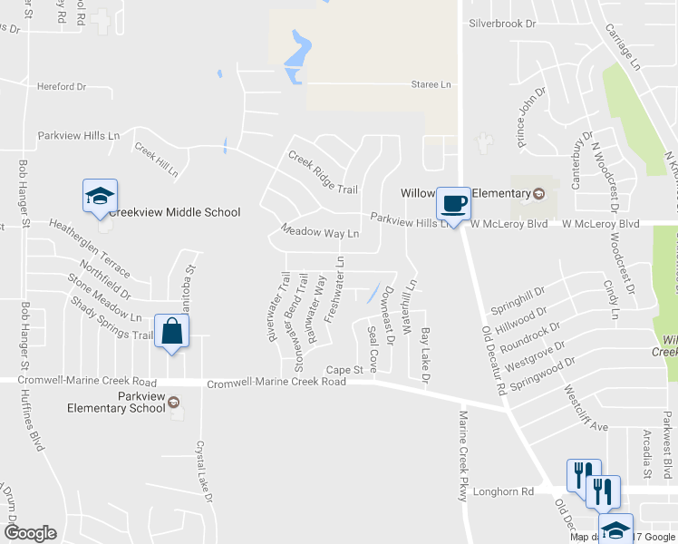 map of restaurants, bars, coffee shops, grocery stores, and more near 4901 Marina Del Road in Fort Worth