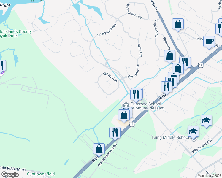 map of restaurants, bars, coffee shops, grocery stores, and more near 1147 Holly Bend Drive in Mount Pleasant