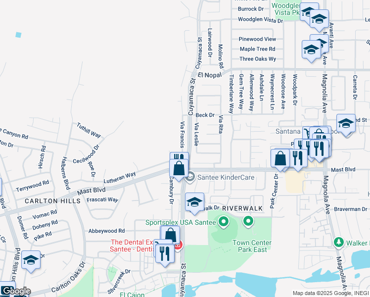 map of restaurants, bars, coffee shops, grocery stores, and more near 9867 Via Francis in Santee