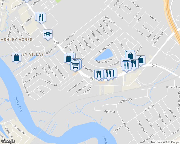 map of restaurants, bars, coffee shops, grocery stores, and more near 4215 Oakridge Drive in Charleston