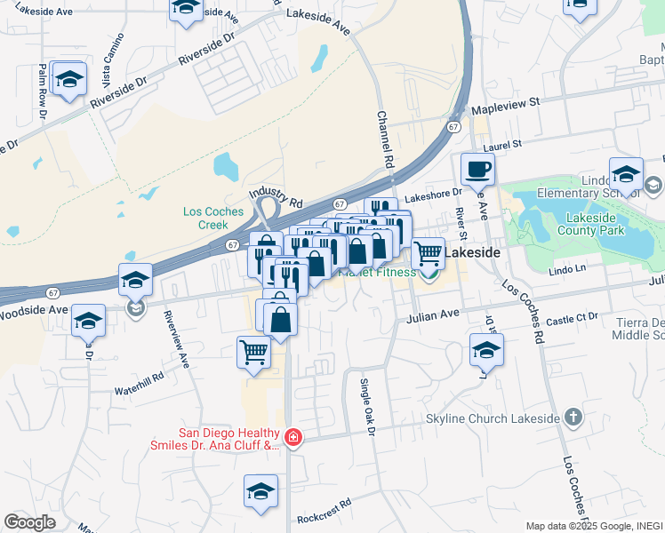 map of restaurants, bars, coffee shops, grocery stores, and more near 12149 Woodside Avenue in Lakeside