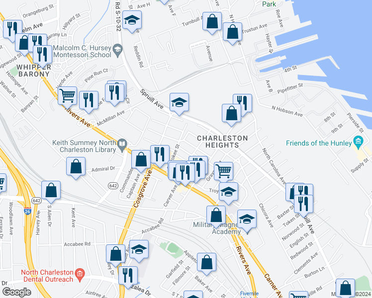 map of restaurants, bars, coffee shops, grocery stores, and more near 3314 Goldenrod Street in North Charleston