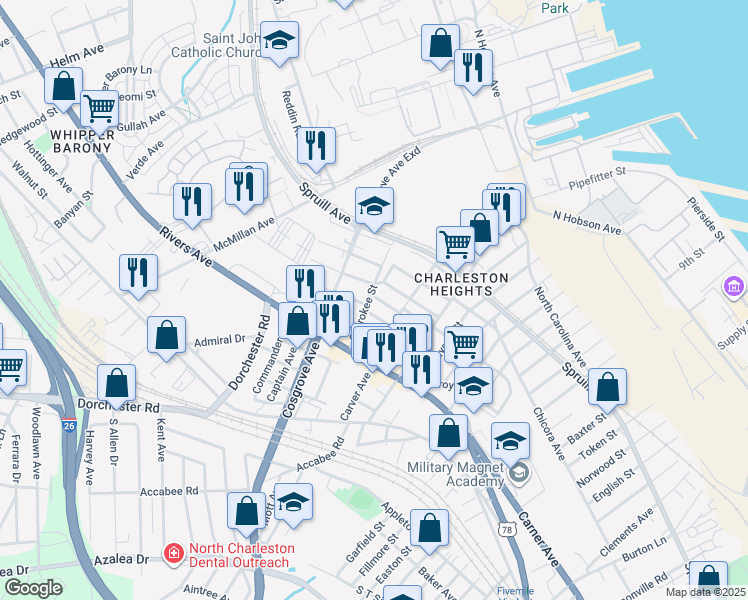 map of restaurants, bars, coffee shops, grocery stores, and more near 3314 Goldenrod Street in North Charleston