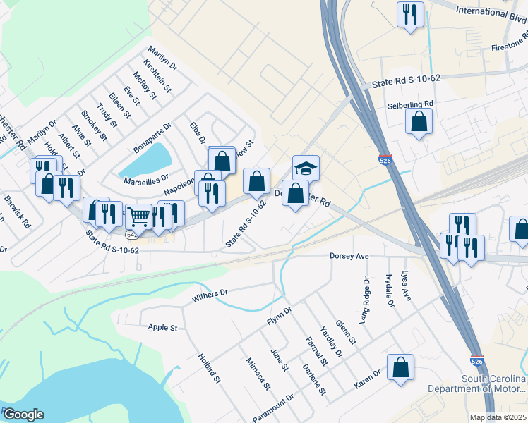 map of restaurants, bars, coffee shops, grocery stores, and more near 4989 Dorchester Road in North Charleston