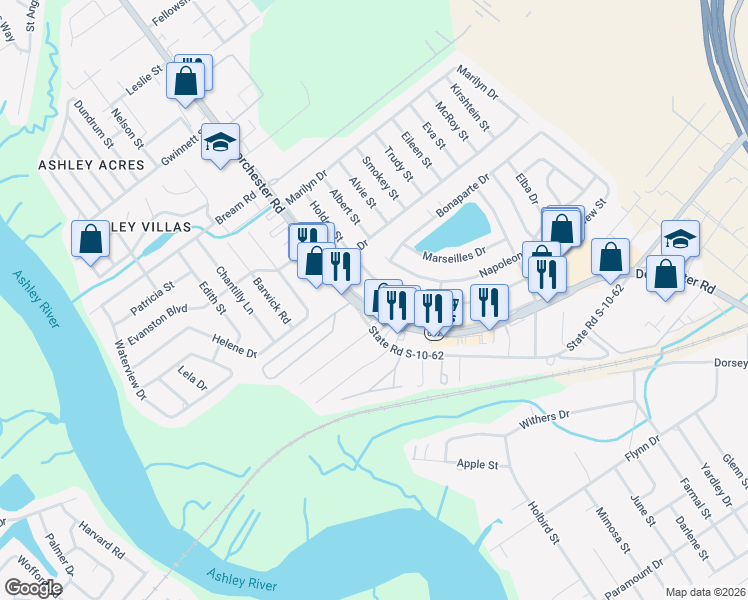 map of restaurants, bars, coffee shops, grocery stores, and more near 5210 Marginal Street in North Charleston