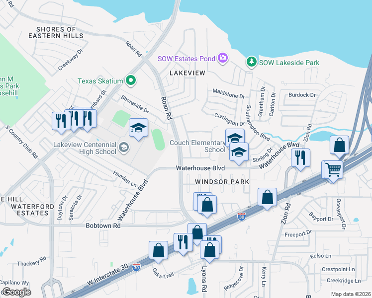 map of restaurants, bars, coffee shops, grocery stores, and more near 4002 Wiltshire Drive in Garland