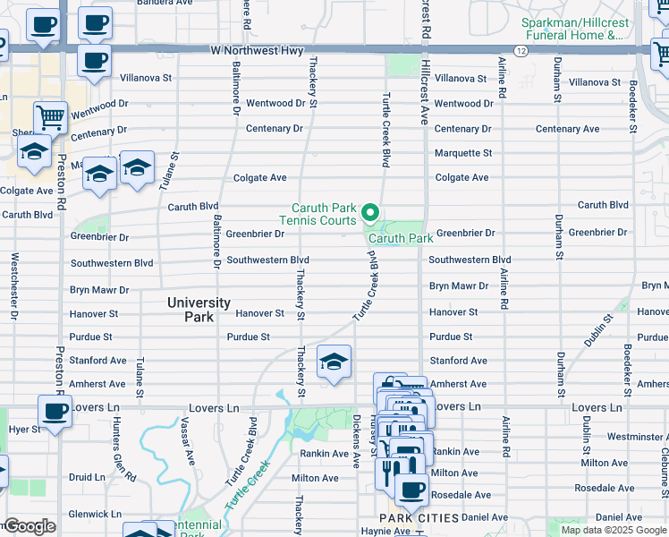 map of restaurants, bars, coffee shops, grocery stores, and more near 3512 Bryn Mawr Drive in Dallas