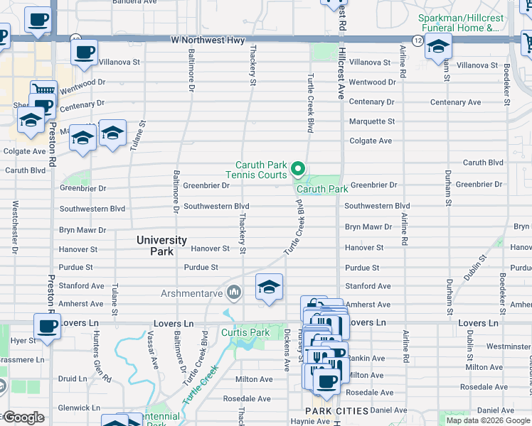 map of restaurants, bars, coffee shops, grocery stores, and more near 3540 Bryn Mawr Drive in Dallas